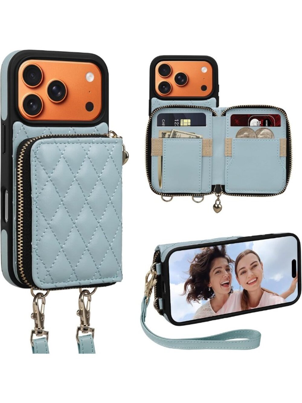 iPhone 17 Pro Wallet Case, Crossbody Zipper Purse, RFID Blocking, Kickstand